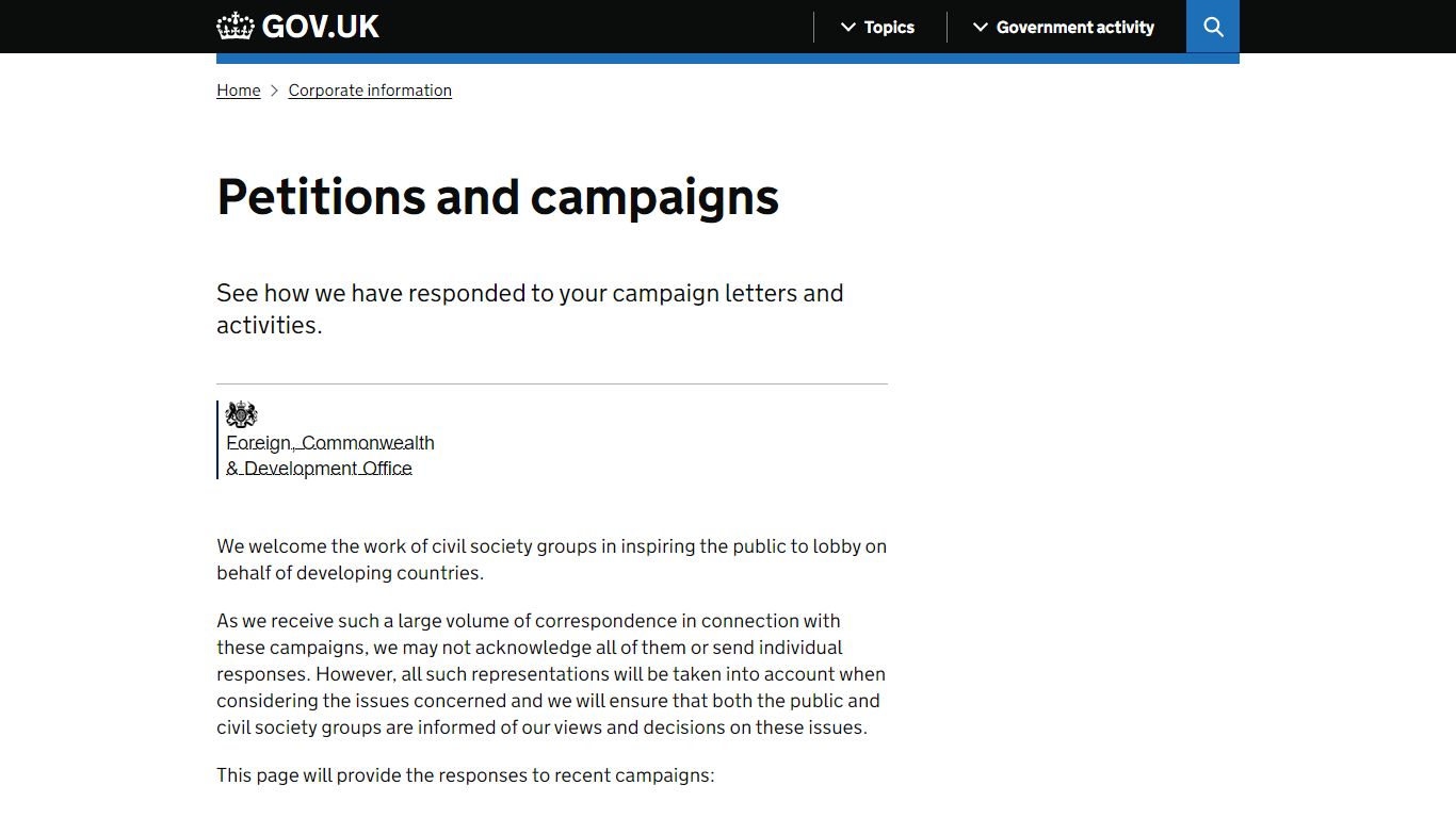 Petitions and campaigns - Foreign, Commonwealth & Development ... - GOV.UK